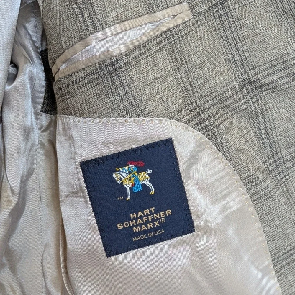 Hart Schaffner Marx Plaid Blazer Mens 42S Tan Glen Check Sport Coat USA Made
